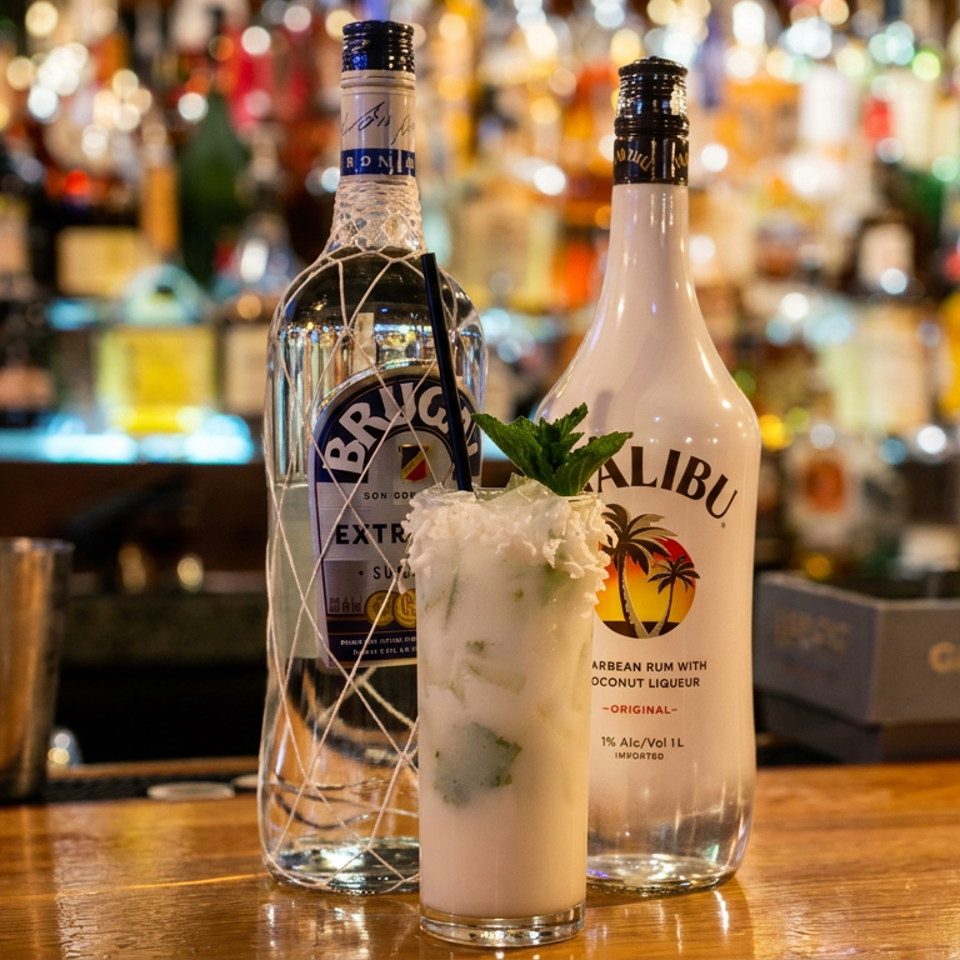 Creamy coconut cocktail garnished with mint sits before Brugal and Malibu bottles on a warmly lit bar counter.
