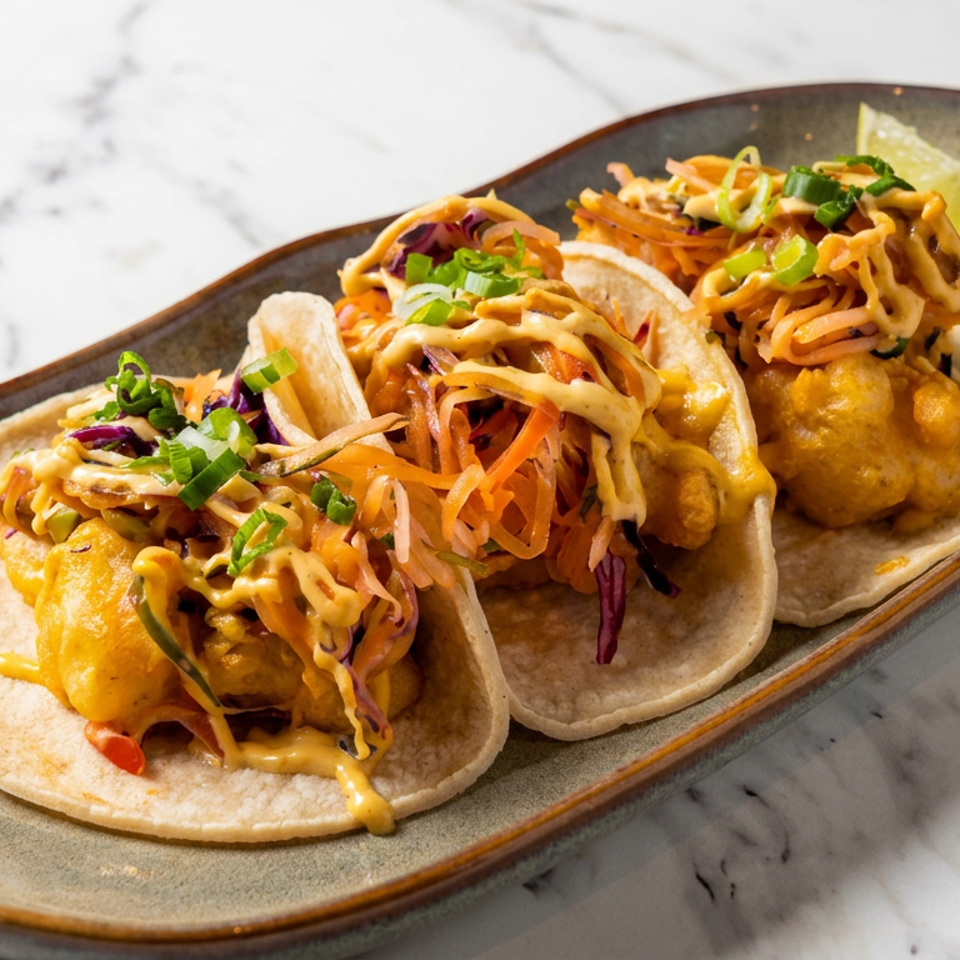 Three crispy fish tacos topped with shredded vegetables, creamy sauce, green onions, and lime wedges on a ceramic platter.