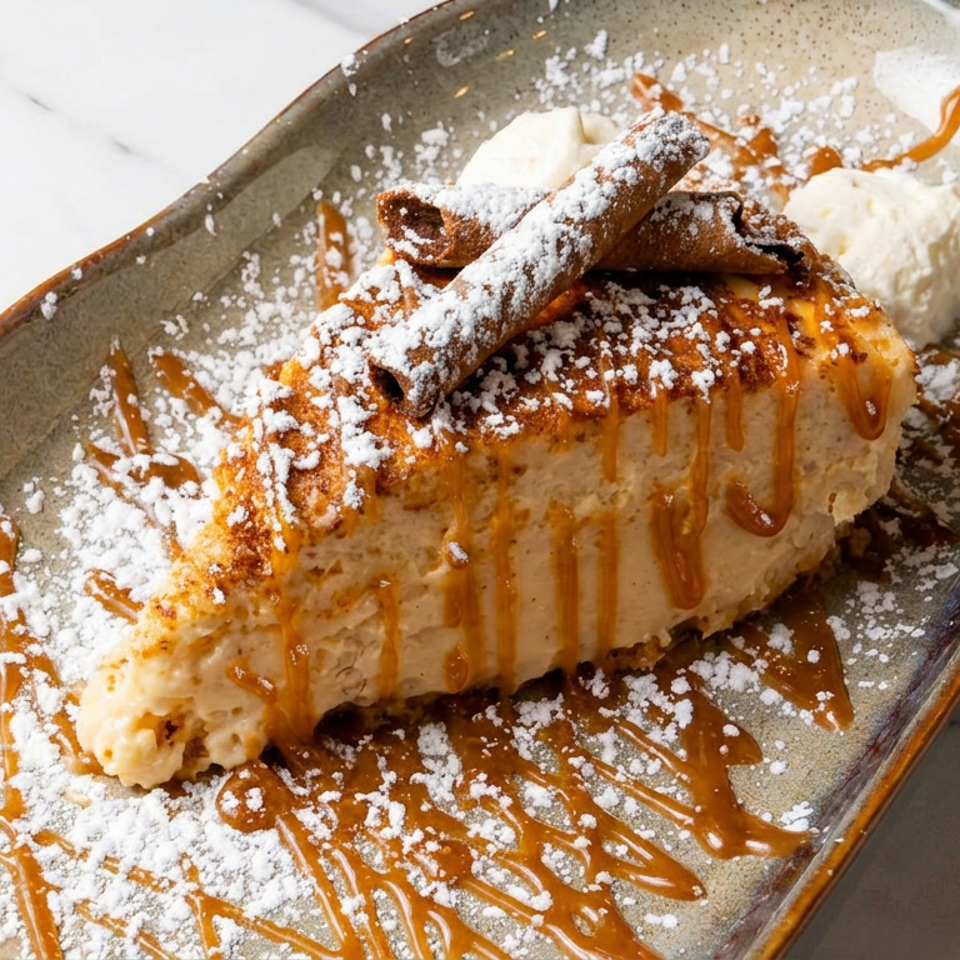 Slice of creamy dessert drizzled with caramel, dusted with powdered sugar, and topped with cinnamon sticks and whipped cream.