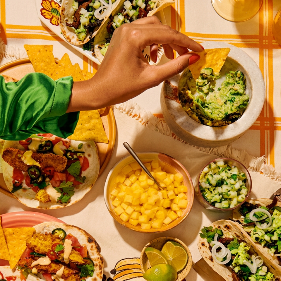 Overhead spread of tacos, guacamole, tortilla chips, mango salsa, drinks, and a hand dipping a chip on a colorful checkered tablecloth.