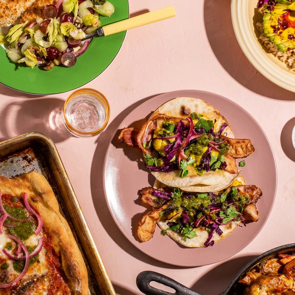 Overhead spread of colorful restaurant dishes including tacos, pizza, salads, grain bowls, noodles, and dipping sauce.