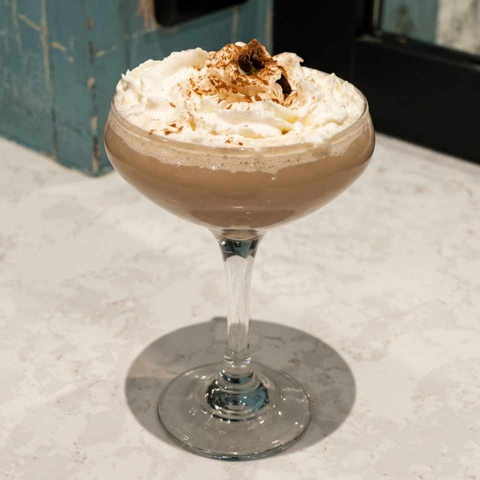 Creamy coffee cocktail in a coupe glass topped with whipped cream and cinnamon on a marble restaurant table.