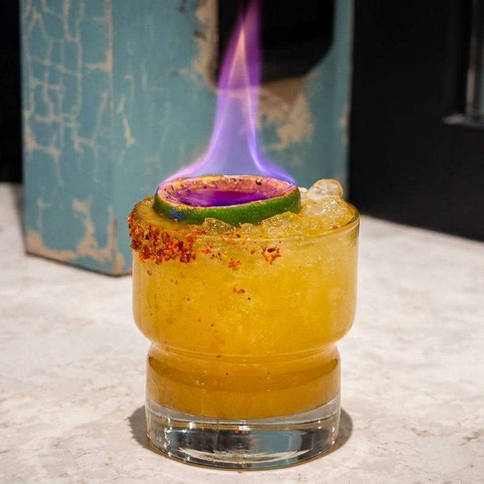 Golden citrus cocktail in a short glass with a chili-salt rim, lime slice, and purple flame garnish on a restaurant table.