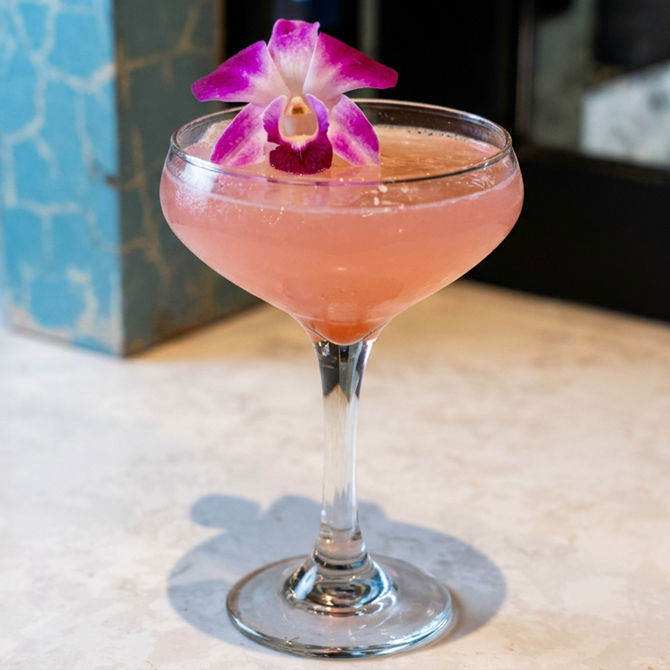 Pink cocktail in a coupe glass garnished with a purple orchid on a sunlit restaurant table.