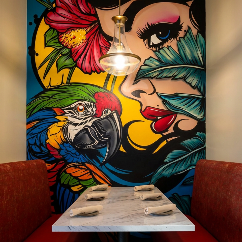 Restaurant booth with red velvet seating, marble table set with rolled napkins, and vibrant mural of a woman and parrot.