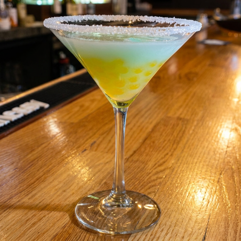 Colorful cocktail with a salt-rimmed martini glass sits on a polished wooden restaurant bar.
