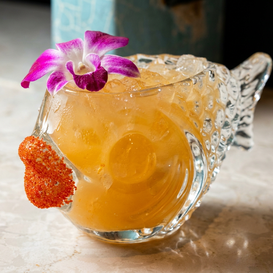 Golden iced cocktail in a pineapple-shaped glass, garnished with a purple orchid and chili-salt rim.