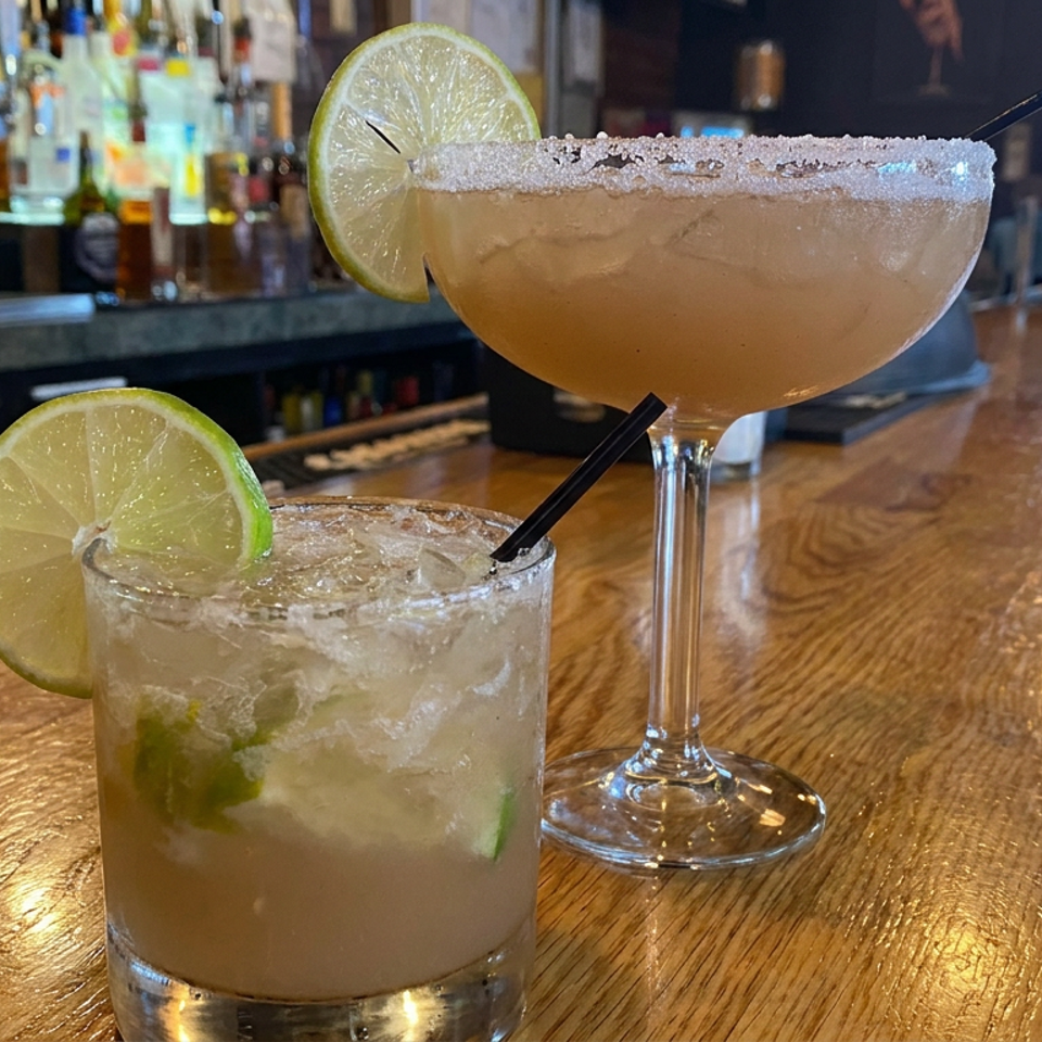 Two lime-garnished margaritas, one salt-rimmed coupe and one rocks glass, sit on a polished wooden bar.