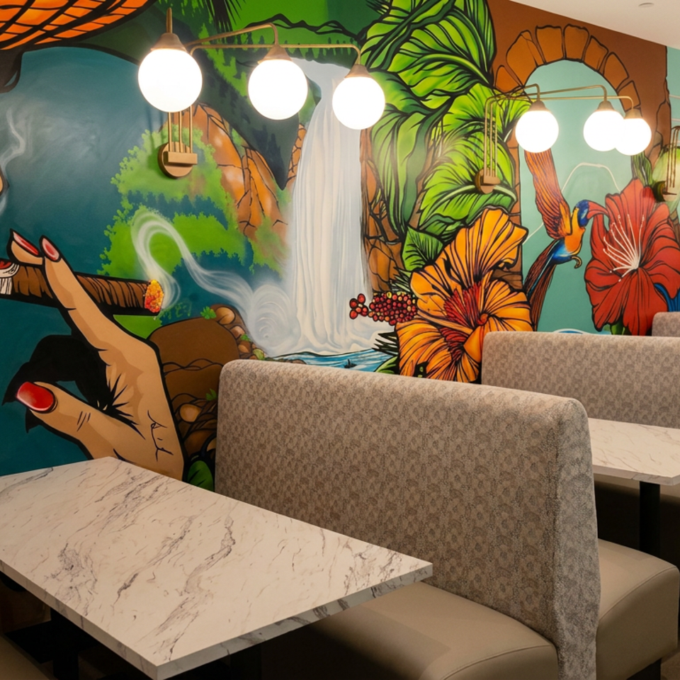 Restaurant dining area with marble tables, upholstered booths, globe lights, and a colorful tropical mural featuring a smoking woman and birds.