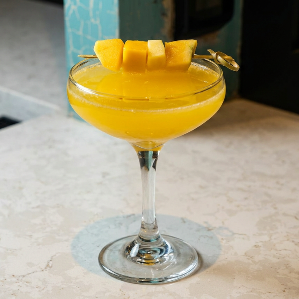 Golden cocktail in a coupe glass garnished with fresh pineapple wedges on a marble bar.