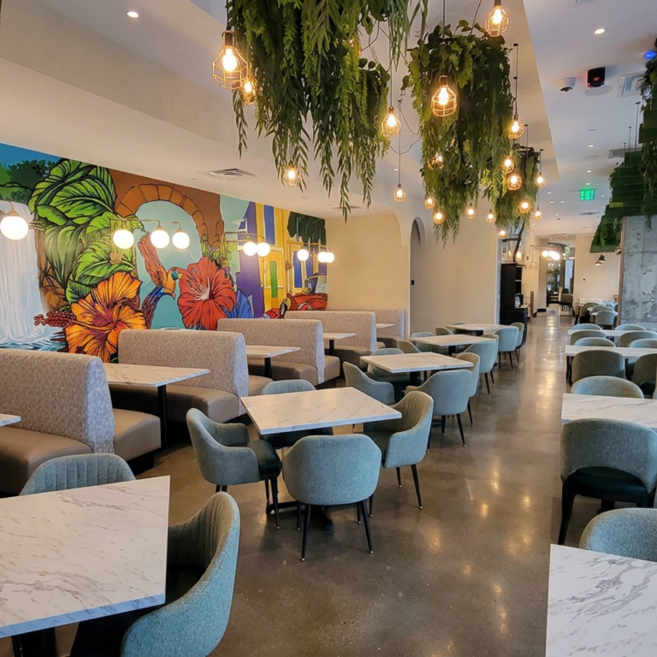 Bright restaurant dining room with marble tables, upholstered seating, hanging plants, pendant lights, and a colorful tropical mural.