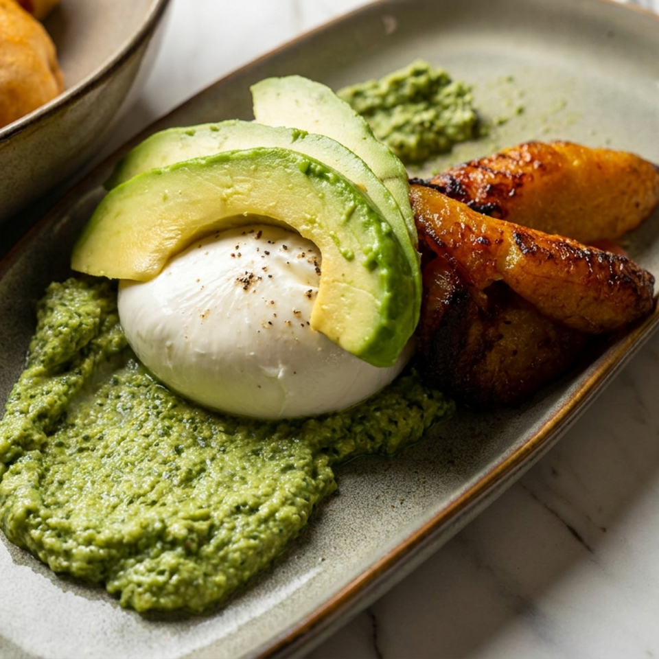Burrata topped with avocado slices, green pesto, and roasted vegetables on a ceramic platter.